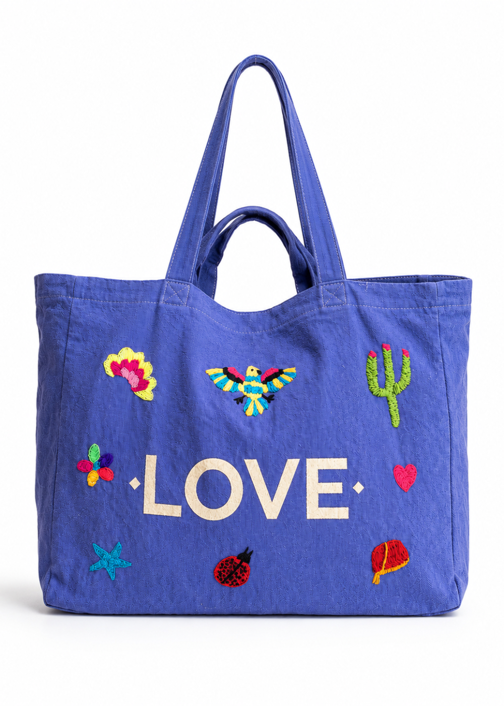 Hand-embroidered shopping bag – Majorelle blue – Love – Double handles