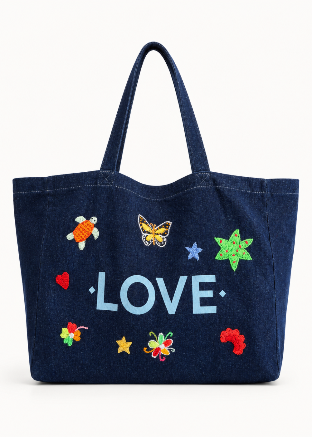 Hand-stitched shopping bag – Jeans – Love – Simple handle