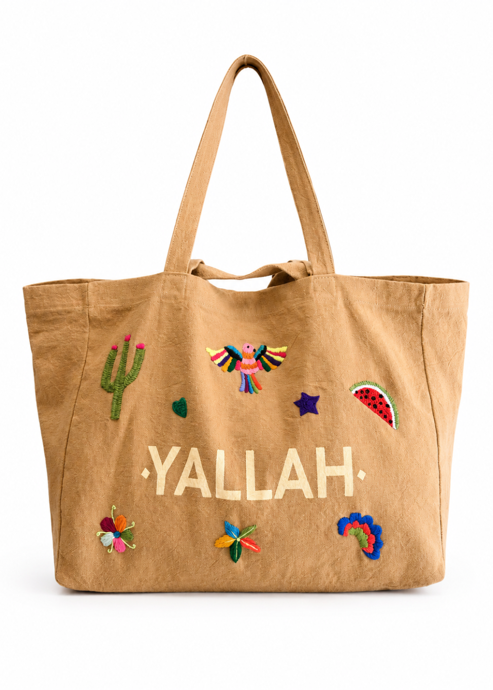 Hand-embroidered shopping bag – Beige – Yallah – Double handles